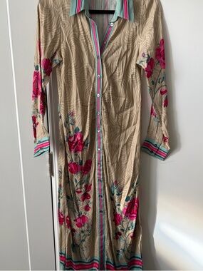 Beige and Pink Floral Long-Sleeve Maxi Shirt Dress